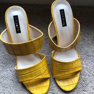 Yellow Croc Print Block Heels
